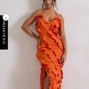 NWT "Full On" Orange V Neck Ruffle Dress By Club London